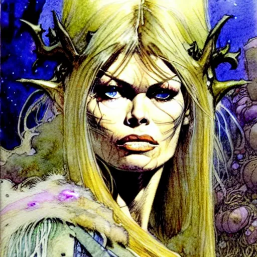 Image similar to a realistic and atmospheric watercolour fantasy character concept art portrait of brigitte bardot as a druidic warrior wizard looking at the camera with an intelligent gaze by rebecca guay, michael kaluta, charles vess and jean moebius giraud