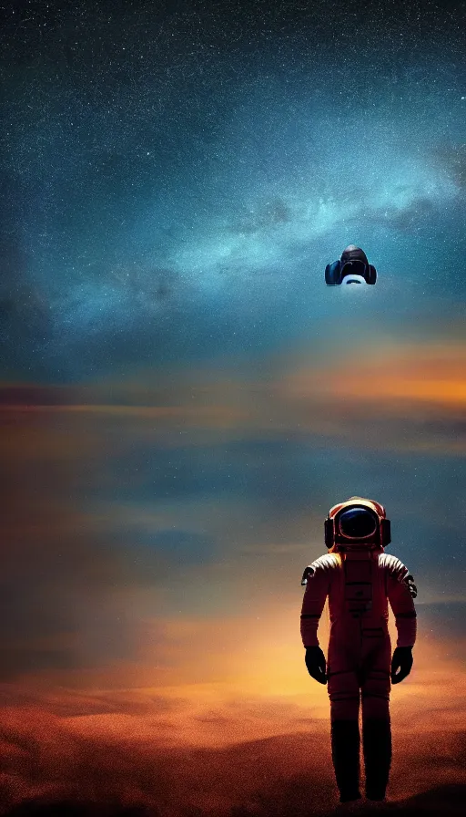 Image similar to an astronaut looking at the horizon of a starry sky, on an alien planet, cinematic, dramatic, color grading, photojournalism, colorful, highly detailed