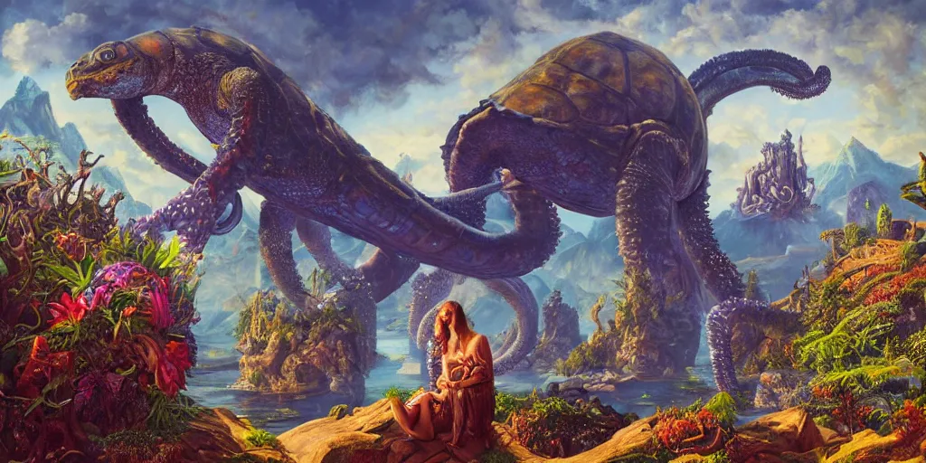 Image similar to fantasy oil painting, great leviathan, cybernetic turtle cephalopod terrapin reptilian pachyderm squid, bella hadid, hybrid, milla jovovich, anubis, epic natural light, lush plants flowers, spectacular mountains, bright clouds, luminous sky, outer worlds, golden hour, michael cheval, edward hopper, michael whelan, vray, hd