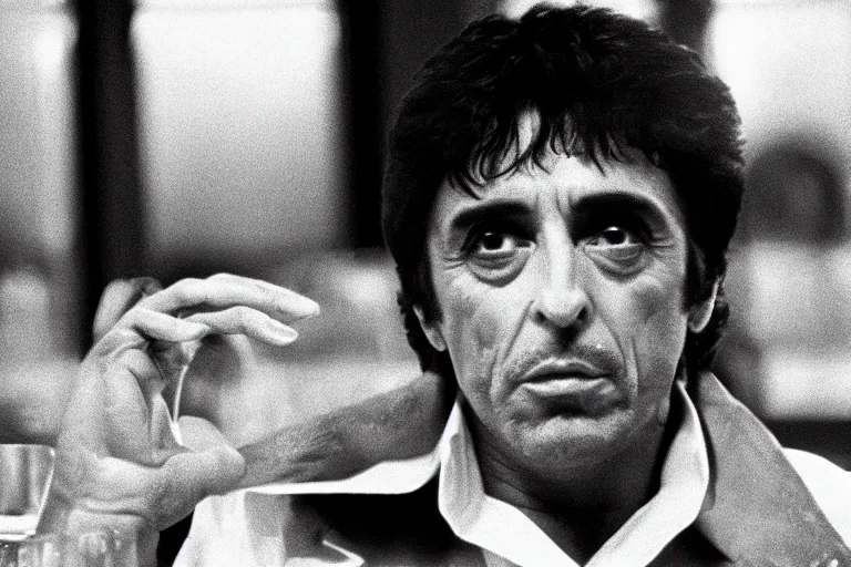 Image similar to tony montana from movie scarface 1 9 8 3 sitting at a big black oak table with big packages of flour. next to the night window. al pacino. perfect symmetric face, coherent eyes,, fine details, 4 k, ron cobb, cinestill