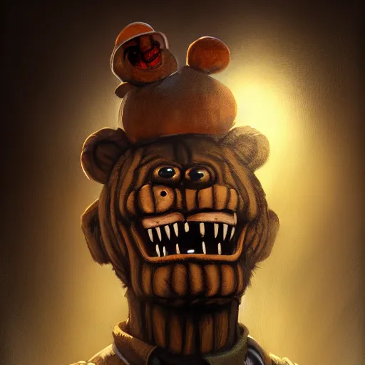 Image similar to commission of freddy fazbear,realistic,hyperdetailed,photorealistic,detailed face,art by greg rutkowski,trevor henderson,ross tran,artstation,deviantart,4k,western comic style,sharp lineart,professional lighting,professional shading,eerie,scary atmosphere