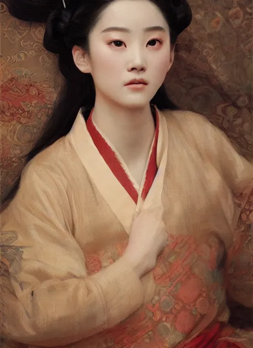 Prompt: detailed portrait of ju jingyi wearing hanfu, natural light, painting by gaston bussiere, craig mullins, j. c. leyendecker