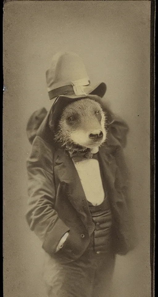 Image similar to daguerreotype portrait of a honey badger in suit and hat, vintage style, wet collodion, stempunk, sepia, monochrome black and white, artistic photo from late xix century, high resolution