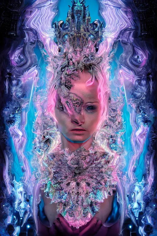 Prompt: hyper detailed ultra sharp photo of baroque and bladerunner neon crystalline sculpture of seductive muscular ghost kit butler dotado albino pink iridescent humanoid deity wearing blue holographic hooded cloak sim camisa holding an glass skull in a onyx dungeon, reclining, glowing magenta face, crown of white diamonds, cinematic lighting, photorealistic, octane render 8 k depth of field 3 d