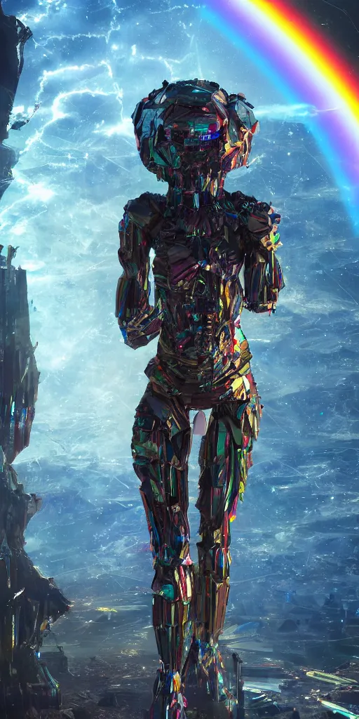 Prompt: a photo of 8k ultra realistic corrupted rainbow humanoid queen standing next to a spaceship window overlooking earth, swarm of shards, cinematic lighting, trending on artstation, 4k, hyperrealistic, focused, extreme details, unreal engine 5, cinematic, masterpiece