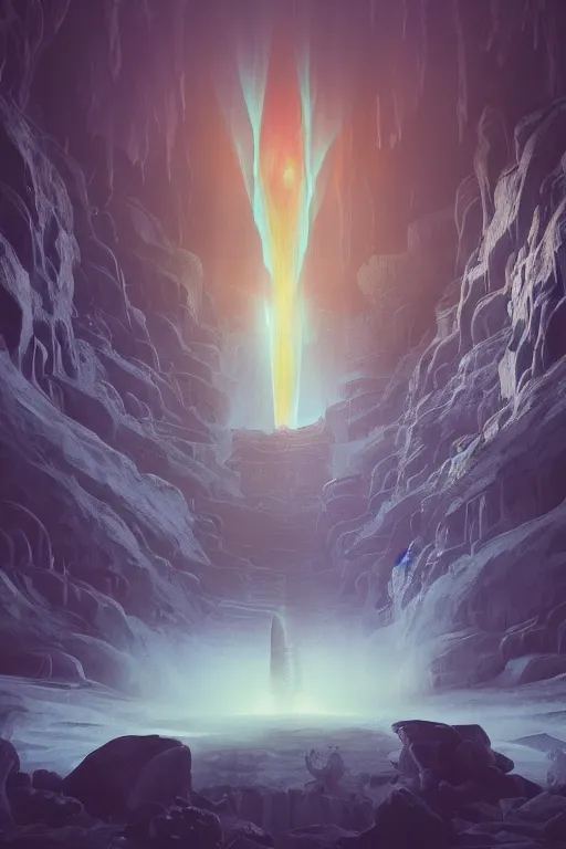 Image similar to Artwork by Beeple of the cinematic view of the Deadly Cave of Spirits, Infernal, Writings.