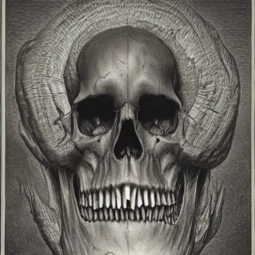 Image similar to a skull with incredibly long sharp teeth, detailed, cgi, dark atmosphere, horror, by gustave dore, by emil melmoth, trippy, epic, symmetrical - h 8 3 3