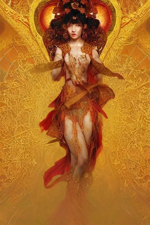 Image similar to tarot card artstation, portrait of an asian love dancer, sunrise, baroque ornamnet and rococo ornament, ancient chinese ornate, hyperdetailed, beautiful lighting, craig mullins, mucha, klimt, yoshitaka amano, red and gold and orange color palatte