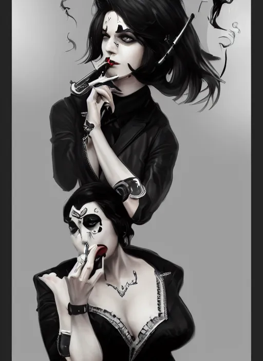 Image similar to a highly detailed illustration of short black haired woman wearing black eyepatch and noir style suit and tie, dramatic smoking pose, intricate, elegant, highly detailed, centered, digital painting, artstation, concept art, smooth, sharp focus, league of legends concept art, WLOP