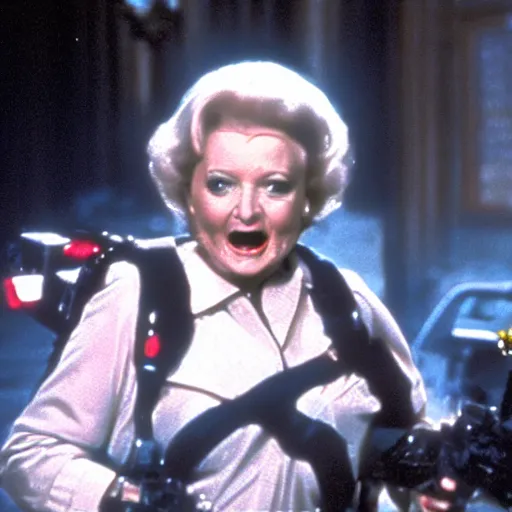 Image similar to stunning awe inspiring betty white as a ghostbuster in the movie ghostbusters, movie still 8 k hdr atmospheric lighting