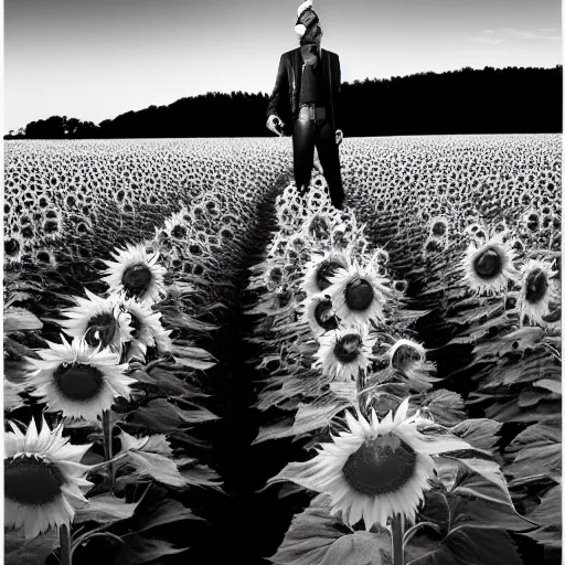 Prompt: A photograph of a vampire hunter in a field of sunflowers at night. Film Noir. High Contrast. Black and White.