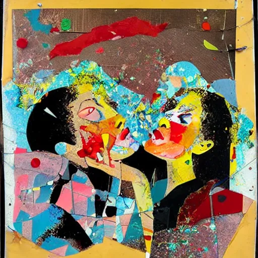 Image similar to two women kissing at a carnival in spain, mixed media collage, retro, paper collage, magazine collage, acrylic paint splatters, bauhaus, claymation, layered paper art, sapphic visual poetry expressing the utmost of desires by jackson pollock