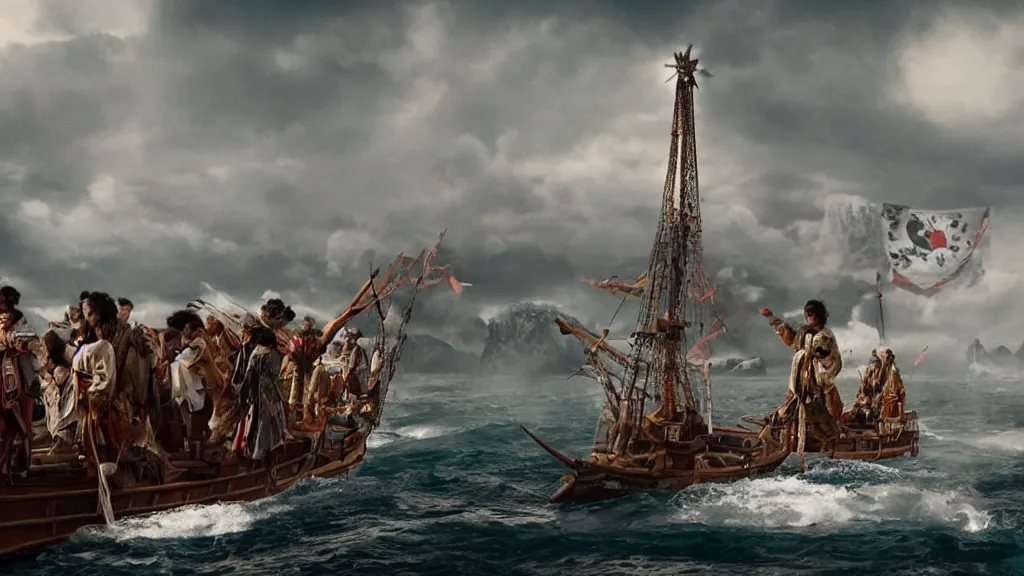 Image similar to Epic shot from a feature film depicting the arrival of the first Portuguese explorers to Japan, 4k