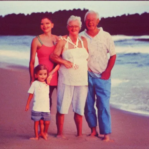 Prompt: old couple on the beach with their grandchildrens, 8 0 s, retro, nostalgic, 8 mm, analog, disposable film