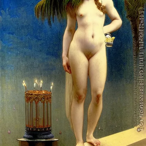 Image similar to Girl with a blood dripping chalice at the palace, thunderstorm, pool, beach and palm trees on the background major arcana sky, by paul delaroche, alphonse mucha and arnold böcklin arnold böcklin hyperrealistic 8k, very detailed