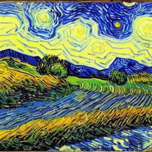 Prompt: switzerland leyline landscape with van gogh sky