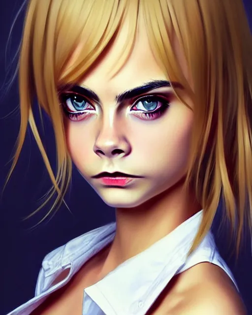 Image similar to portrait of Cara Delevingne as Anime girl cute-fine-face, full body! pretty face, realistic shaded Perfect face, fine details. Anime. realistic shaded lighting by Ilya Kuvshinov Giuseppe Dangelico Pino and Michael Garmash and Rob Rey