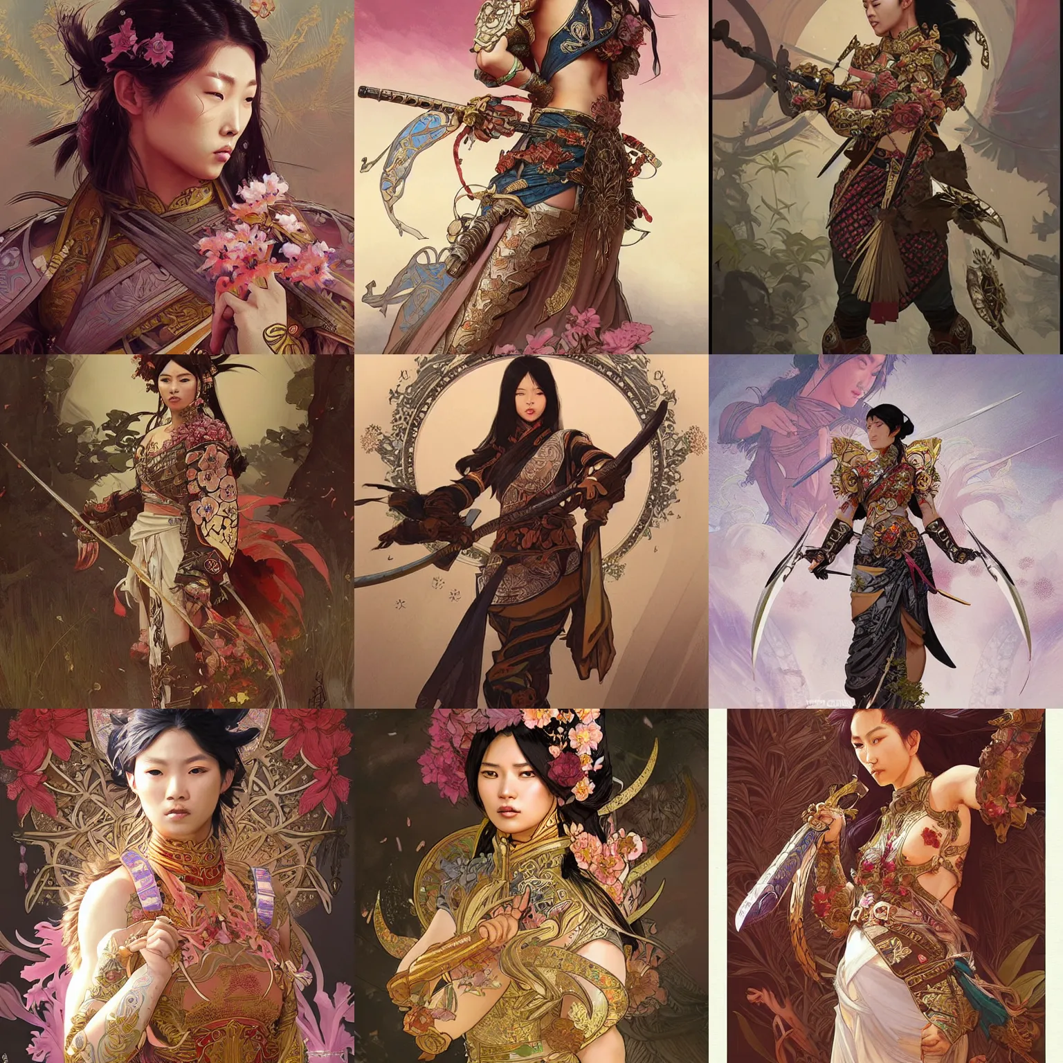 Prompt: A fierce Asian female warrior, floral armor, ornate by Artgerm, greg rutkowski and alphonse mucha