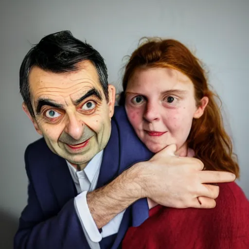 Image similar to A portrait mr bean elizabeth teams up with a teenage mr bean, perfect faces, 50 mm, award winning photography