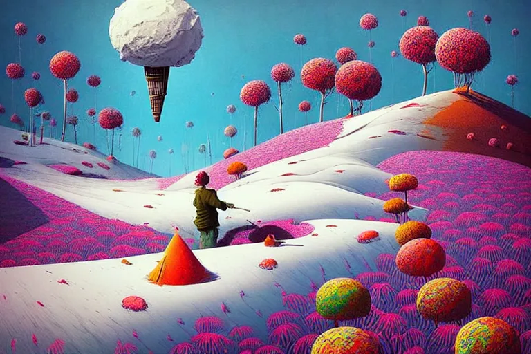 Image similar to surreal glimpse into other universe, himalaya with snow ice cream, summer morning, very coherent and colorful high contrast, art by!!!! gediminas pranckevicius!!!!, geof darrow, floralpunk screen printing woodblock, dark shadows, hard lighting