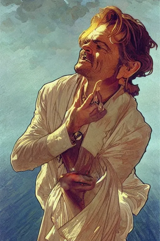 Image similar to a ship in a bottle but instead of a ship it is jack nicholson in the bottle, painting by alphonse mucha and artgerm and greg rutkowski