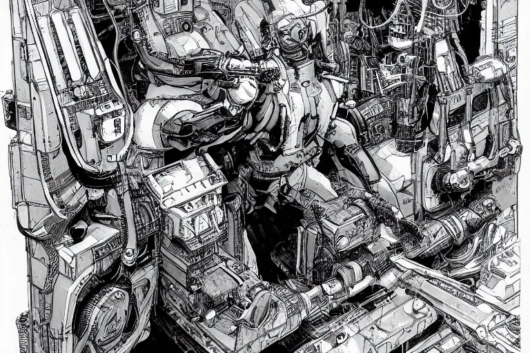 Image similar to comic book illustration, the ghost in the machine, cyberpunk concept art by Moebius, highly detailed, intricate, sci-fi, sharp focus, Trending on Artstation HQ, deviantart