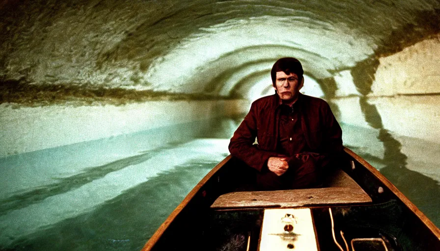 Image similar to 1 9 7 0 movie still of a man in a small boat in a tunnel flooded in blood, eastmancolor, heavy grain, high quality, high detail, refined face