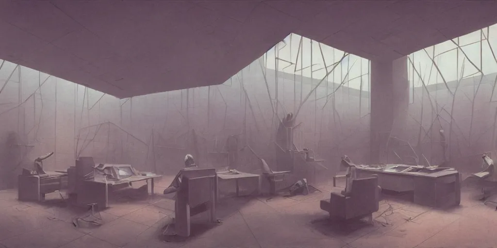 Image similar to a dystopian office interior with huge holographic displays everywhere, beksinski and syd mead cinematic matte painting