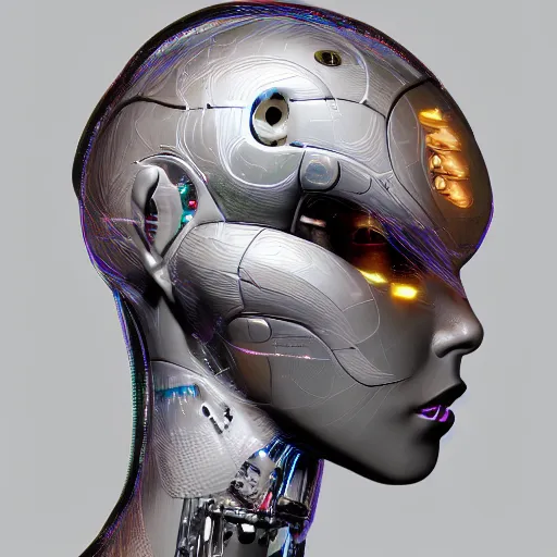 Prompt: profile view of a robot woman, artificial intelligence, sci-fi components, intricate wiring, digital holographic hair, concept art, digital painting, trending on ArtStation