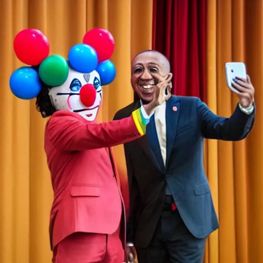 Image similar to president with clown head taking a selfie in a podium next to first minister