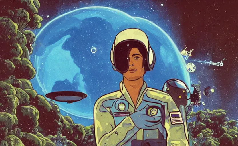 Image similar to a portrait of Alain Delon pilot in spacesuit posing on field forrest spaceship station landing laying lake artillery outer worlds shadows in FANTASTIC PLANET La planète sauvage animation by René Laloux