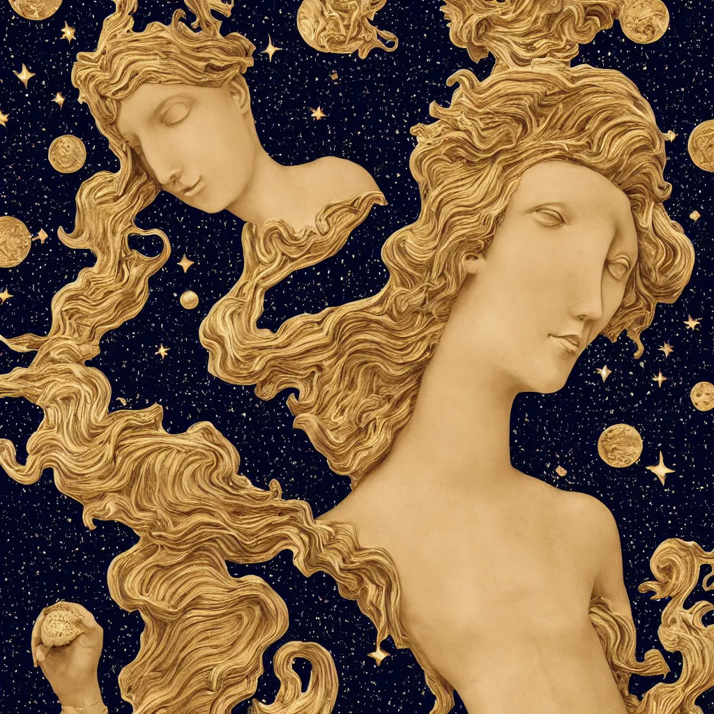 Prompt: symmetrical face, saint Woman, beautiful, gracious, baroque marble and gold in space, stars, clouds