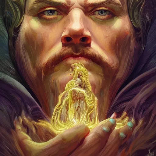 Image similar to melted zeus starring into the camera, fixed eyes, lightning, surreal, dramatic lighting, face, detailed, intricate, elegant, highly detailed, digital painting, artstation,, concept art, smooth, sharp focus, illustration, art by sam spratt, dan mumford, artem demura and alphonse mucha