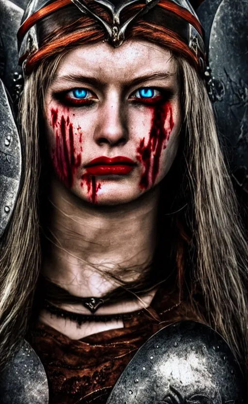 Prompt: photorealistic photograph of beautiful female teen viking warrior with large angry eyes, bloody, cinematic,