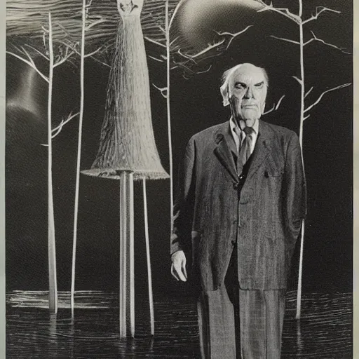 Image similar to angus scrimm as the tall man standing by a lake at night, highly detailed, spooky, scary