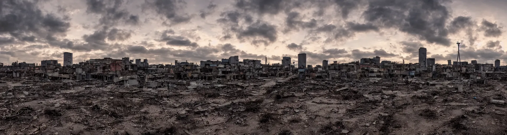 Image similar to A vista of an partially ruined high-tech city, there are sparse signs of human activity. Dusk. Dramatic sky. 4K.