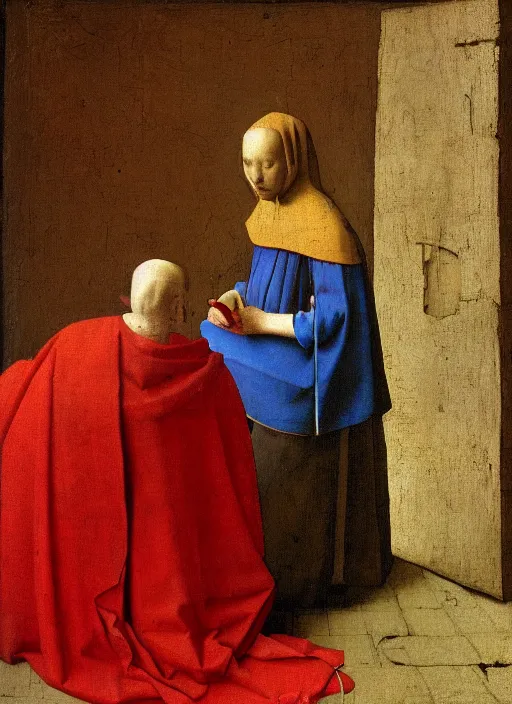 Image similar to red cloth of the floor, medieval painting by jan van eyck, johannes vermeer, florence