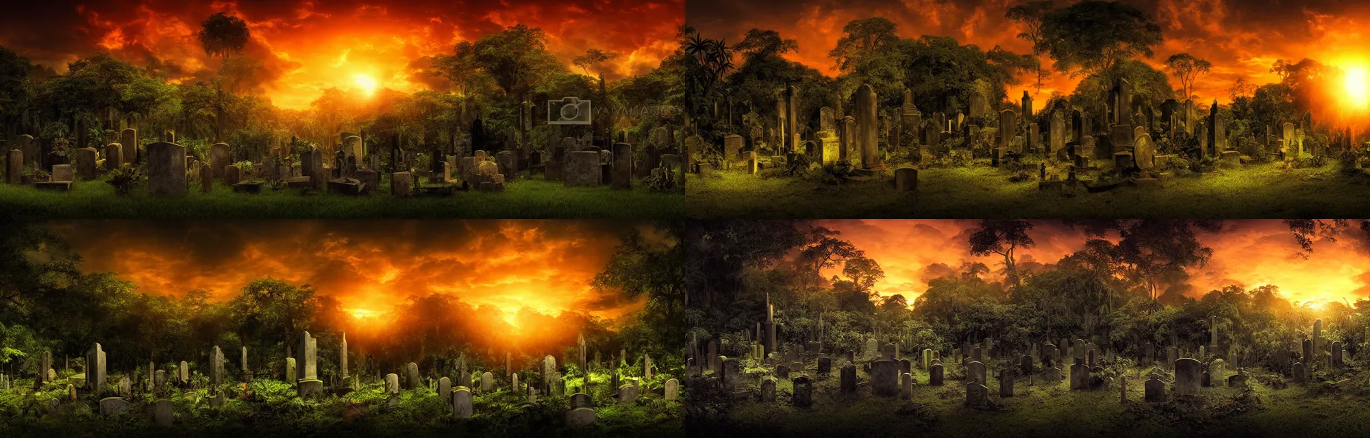 Prompt: backlight gravestone backlight jungle panorama with dramatic mood and sunset by frazetta