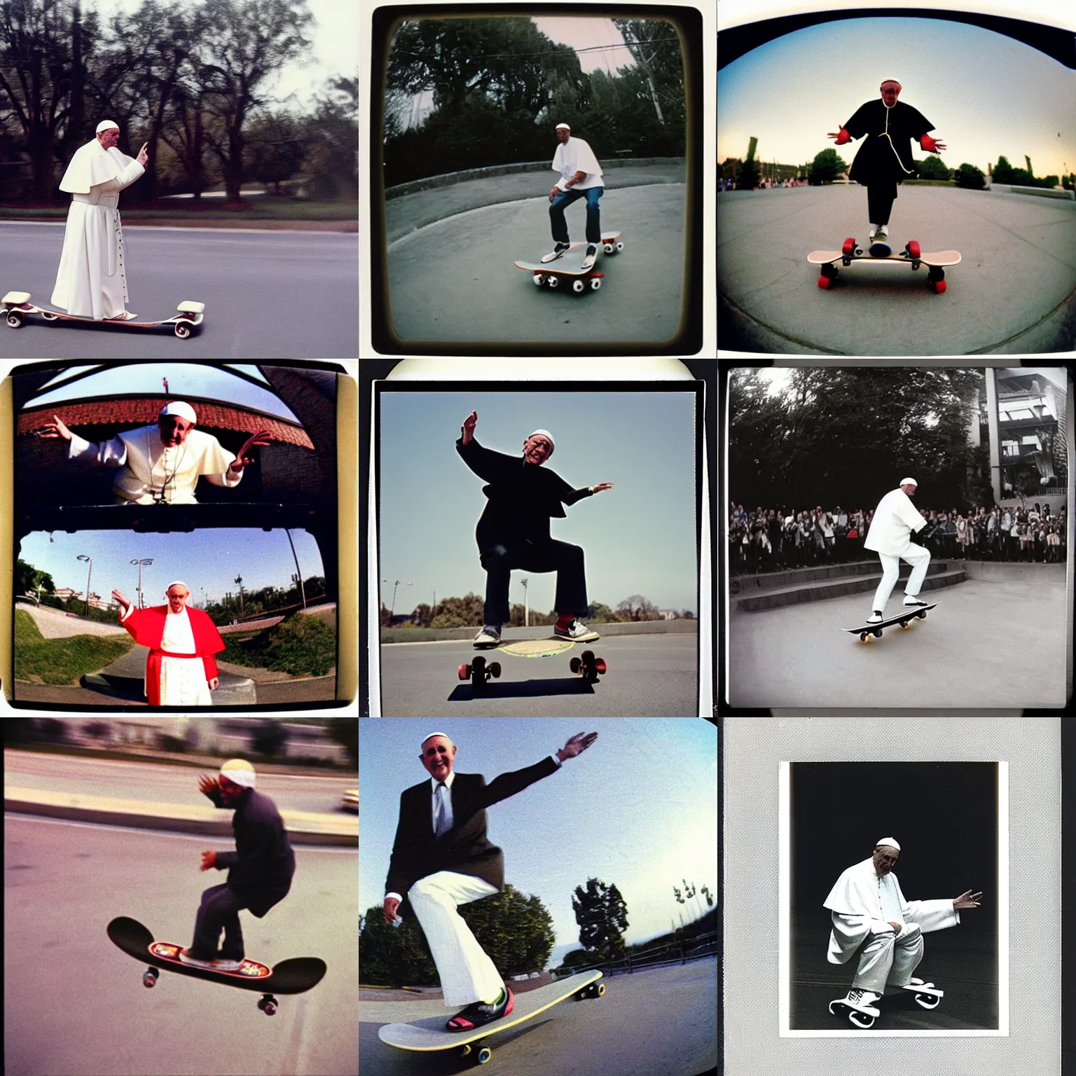 Prompt: fisheye lens Photography of a pope riding a skateboard, 1991, Polaroid