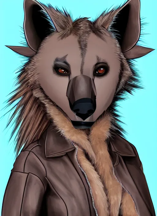 Prompt: award winning beautiful portrait commission of a female furry anthro hyena fursona with a bushy tail and a leather jacket, in a rock bar, cute, beautiful, attractive, detailed,