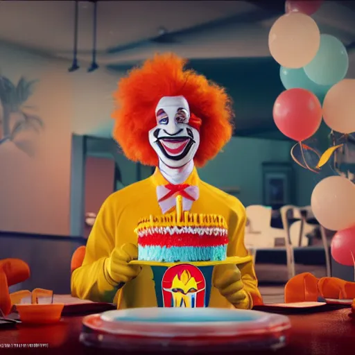 Image similar to Ronald Mcdonald with a birthday cake wearing a miami dolphins jersey, concept art, cgsociety, octane render, trending on artstation, unreal engine 8k,