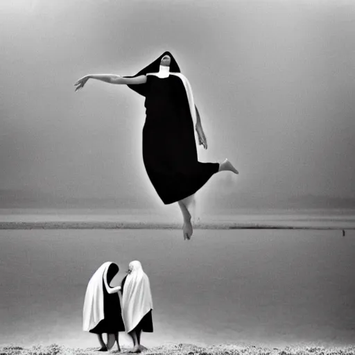 Prompt: black and white, award winning photo, levitating twin nuns, wearing swimsuit, the nuns have Very long arms, in a sanctuary, eerie, frightening —width 1024 —height 1024