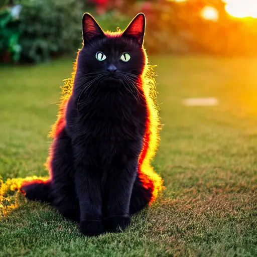 Image similar to a fluffy cute black cat sitting on the corner of a front yard outside in the late afternoon on a beautiful summer day, sunset