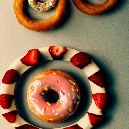 Image similar to Perfectly circular!!!!!! donut!!!!! in the shape!!!!!! of a strawberry!!!!!!, trending on artstation, 4k, 8k, professional photography, overhead shot, 35mm lens