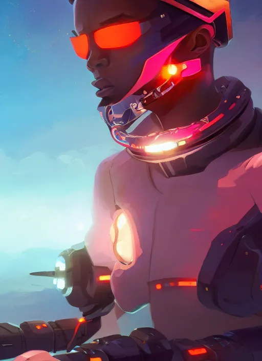 Prompt: young black man cyborg, holographic computer displays hovering, digital painting artstation, 2 d game fanart behance hd by jesper ejsing, by rhads, makoto shinkai and lois van baarle, ilya kuvshinov, rossdraws, dramatic sunset, global illumination, radiant light, detailed and intricate environment