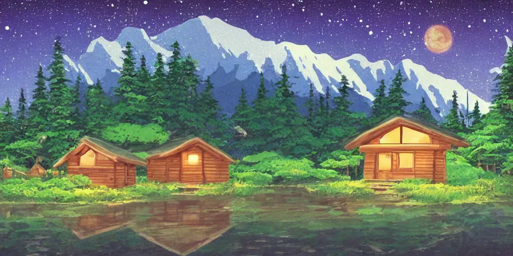 Prompt: Studio Ghibli cozy hut Alaskan lake at night, stars, reflection beautiful HD