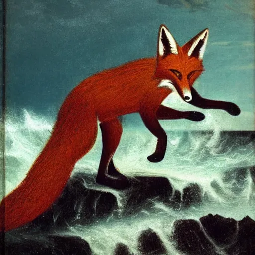 Prompt: anthro fox man in suit about to fall off cliff into scary stormy ocean, far shot, 19th century painting