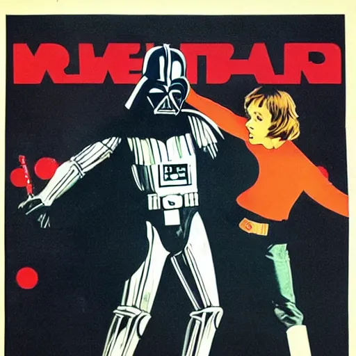 Image similar to darth vader and luke skywalker on roller skates, soviet propaganda poster