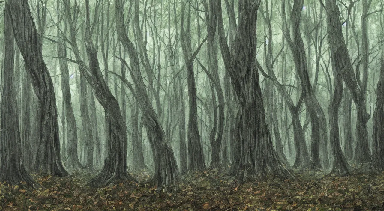 Prompt: forest filled with towering trees, large canopy, dappled light, creepy, horror, nightmare, painting