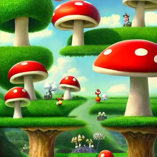 Image similar to mushroom kingdom from mario, digital art, giant green and white mushrooms, irina french, heraldo ortega, mandy jurgens trending on artstation 8 k 1 5 0 mpx